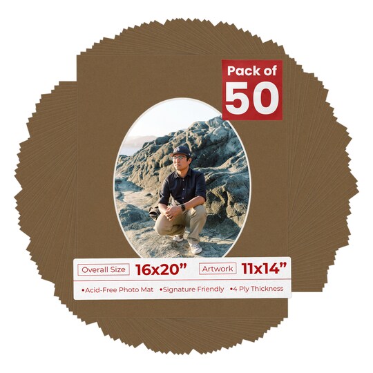 Aged Oak Brown Mat Board for 16x20 Frames - Oval Opening for 11x14 Photos